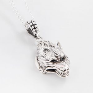Solid Sterling Silver Wolf Head Pendant